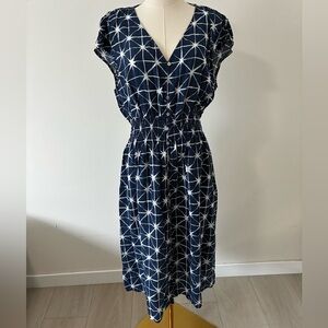 Navy Blue Patterned V-Neck Women's Button Front Dress